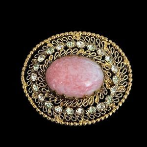 Vtg Beautiful Pink Satin Glass & Rhinestone Made in Austria Brooch Jewelry Pin